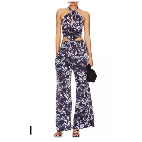 NWMisa LA Laya Indigo Vines Halter Wide Leg Cut Out Jumpsuit Purple Size S - Picture 4 of 11